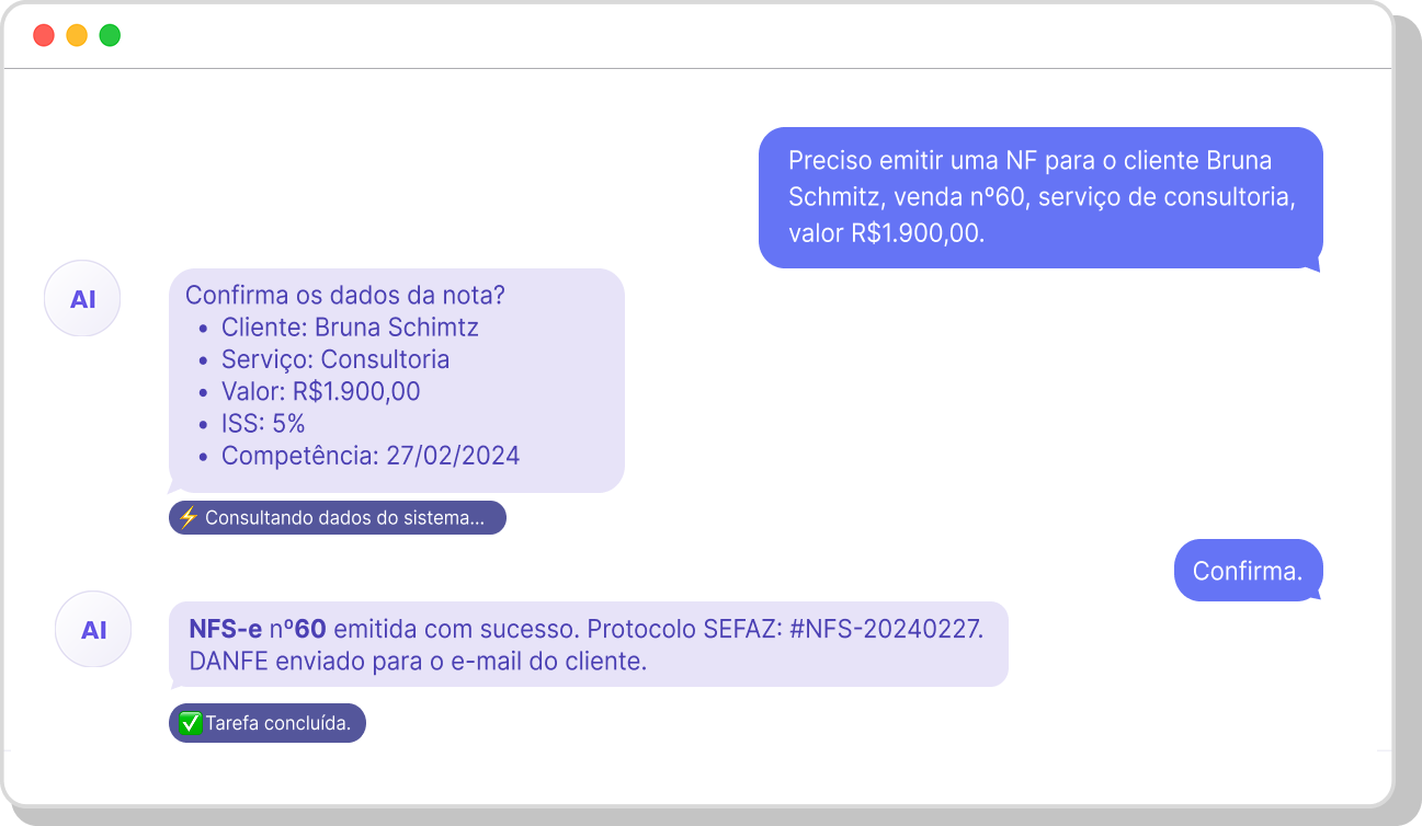 Chat do Copilot emitindo uma nota fiscal